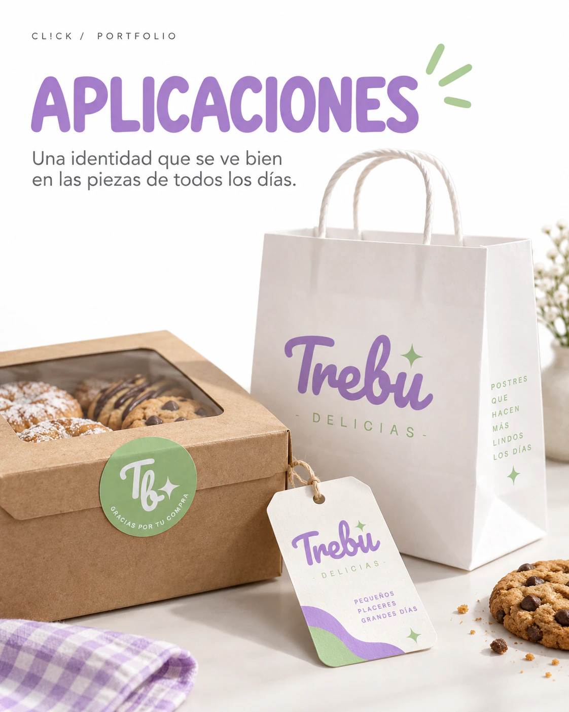 Aplicaciones de la identidad visual Trebu en bolsas, cajas y etiquetas