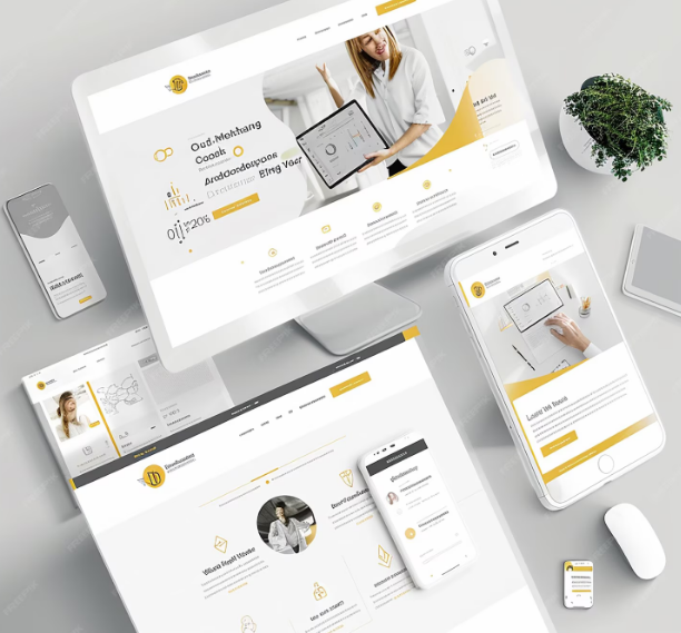 Mockup de sitio web responsive en computadora y celular