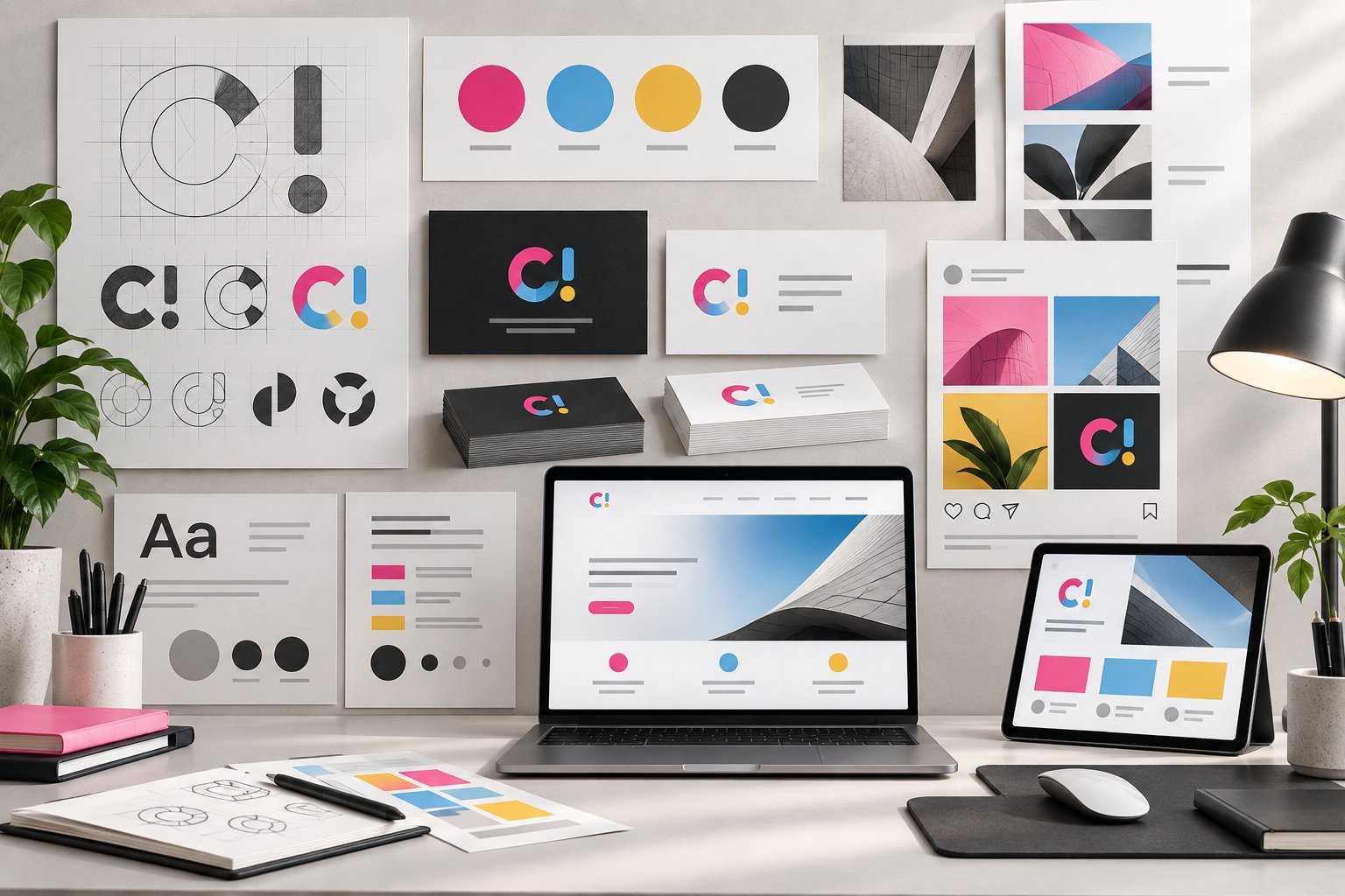 Composición visual de branding con piezas de identidad, paleta y mockups