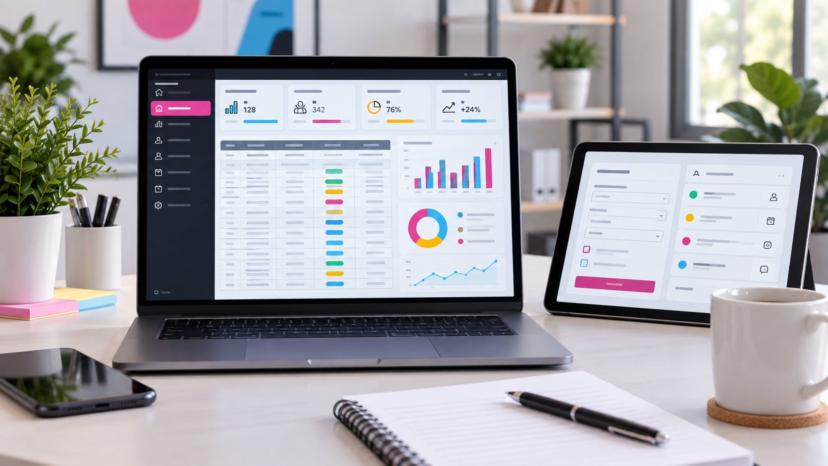 Laptop y tablet con planillas, formularios e indicadores organizados